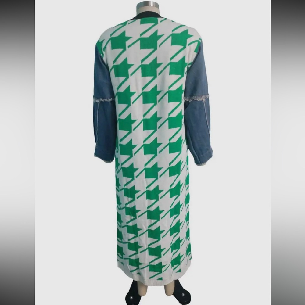 1094. Houndstooth Denim Patchwork Green and White Longline Cardigan - Picture 4 of 6